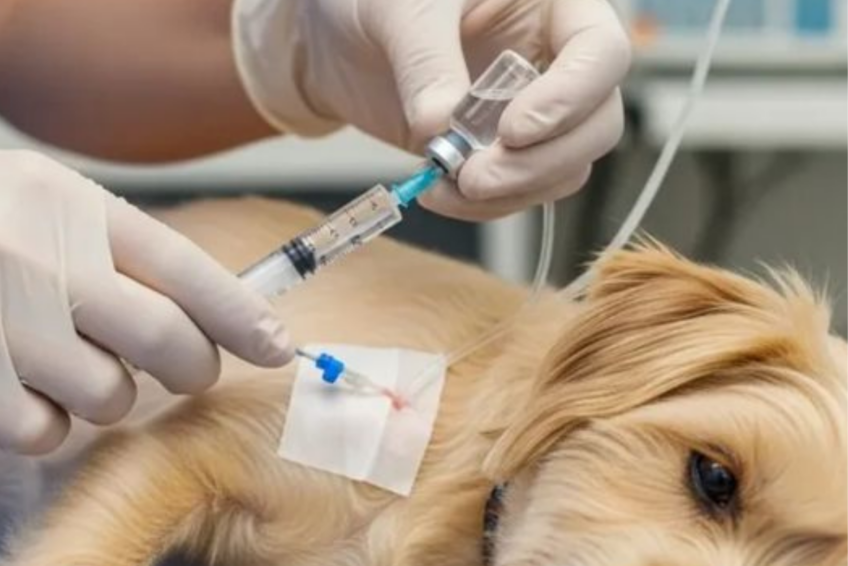 Dog lying on a veterinary examination table while a veterinarian holds its head, with medical equipment visible in the clinic background. 🐾