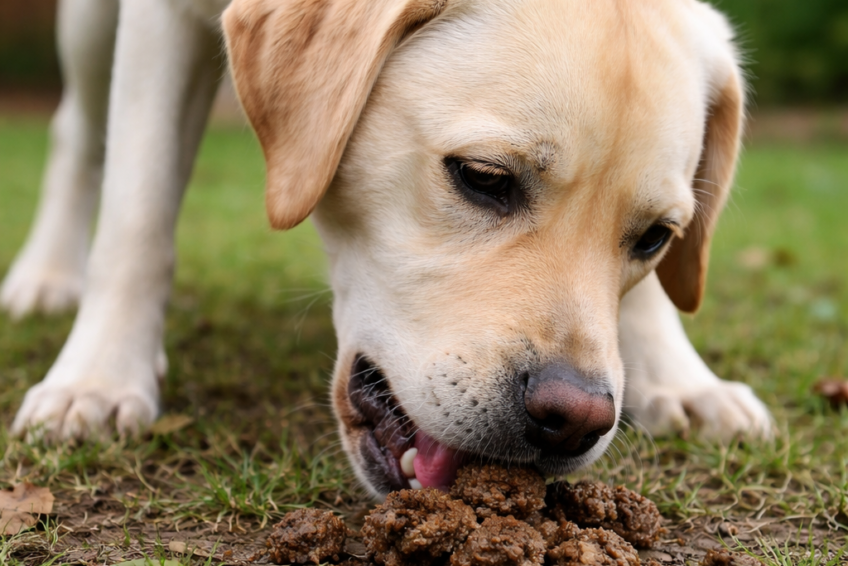 A yellow Labrador dog bending down in a grassy yard and eating its own feces.